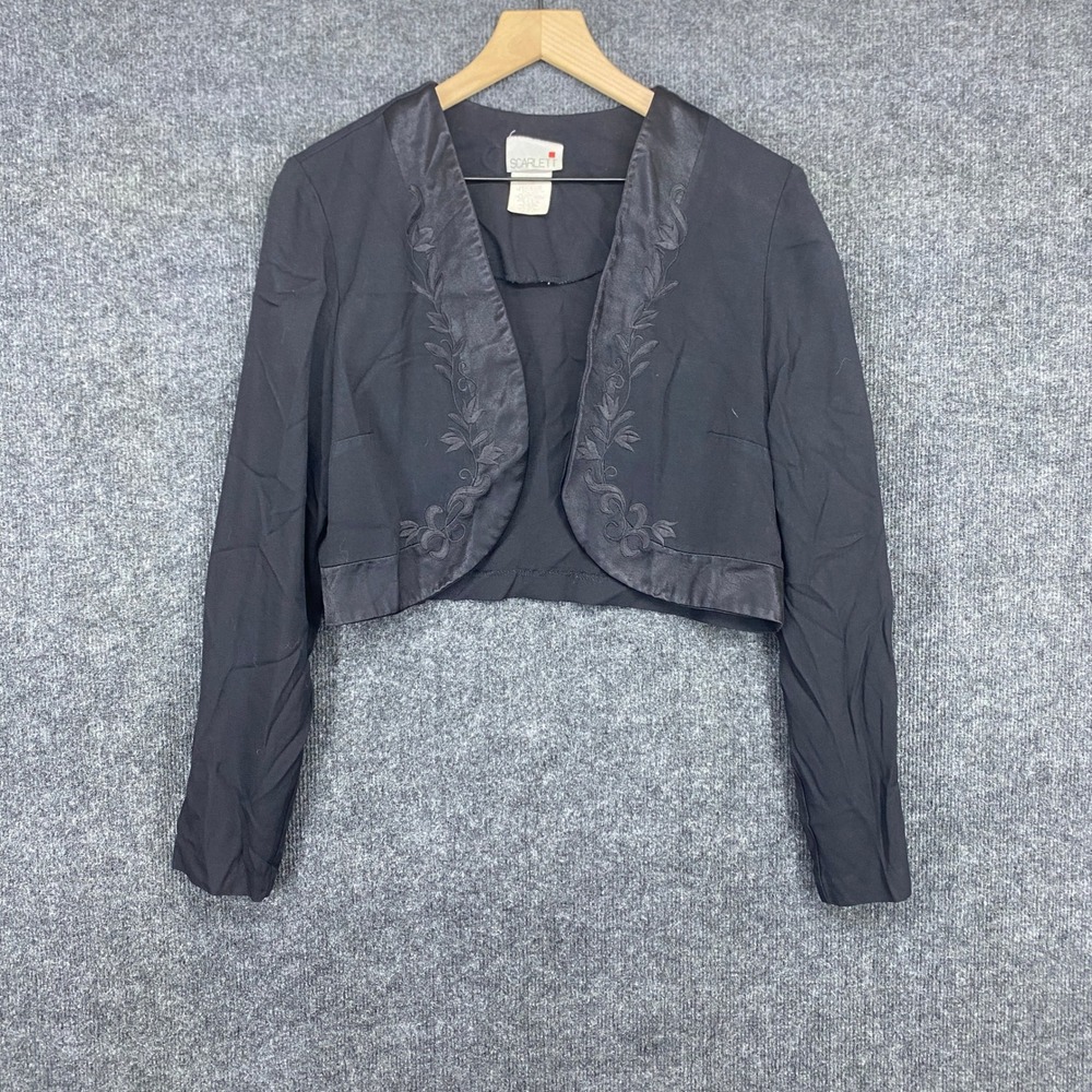 Scarlett Black Cropped Bolero Shrug Jacket Floral Embroidery Satin Trim Size 16M
